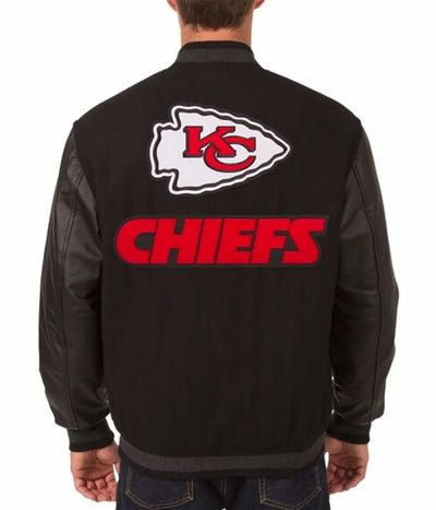 Kansas City Chiefs Black Wool and Genuine Leather Sleeves Men's Varsity Letterman Jacket