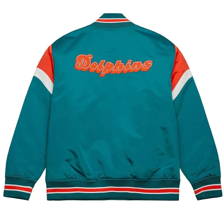 Miami Dolphins Heavyweight Full-Snap Varsity Aqua Satin Men's Bomber Jacket