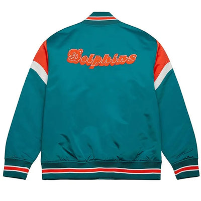Miami Dolphins Heavyweight Full-Snap Varsity Aqua Satin Men's Bomber Jacket