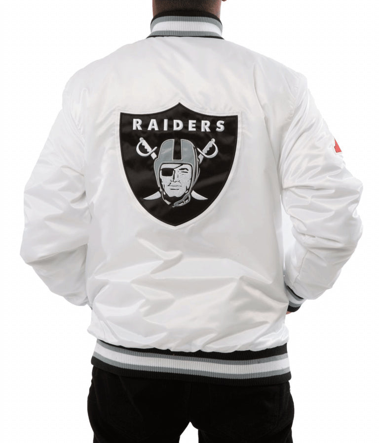 Los Angeles Raiders Back Shield Full-Snap Varsity White Satin Men's Bomber Jacket