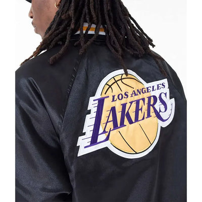 Los Angeles Lakers Applique Full-Snap Varsity Black Satin Men's Bomber Jacket