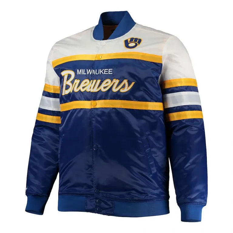 Milwaukee Brewers Coaches White and Blue Full-Snap Satin Men's Jacket