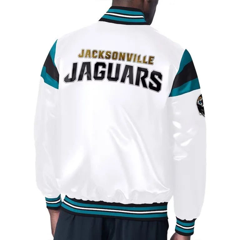 Jacksonville Jaguars Midweight Full-Snap Varsity White Satin Men's Bomber Jacket