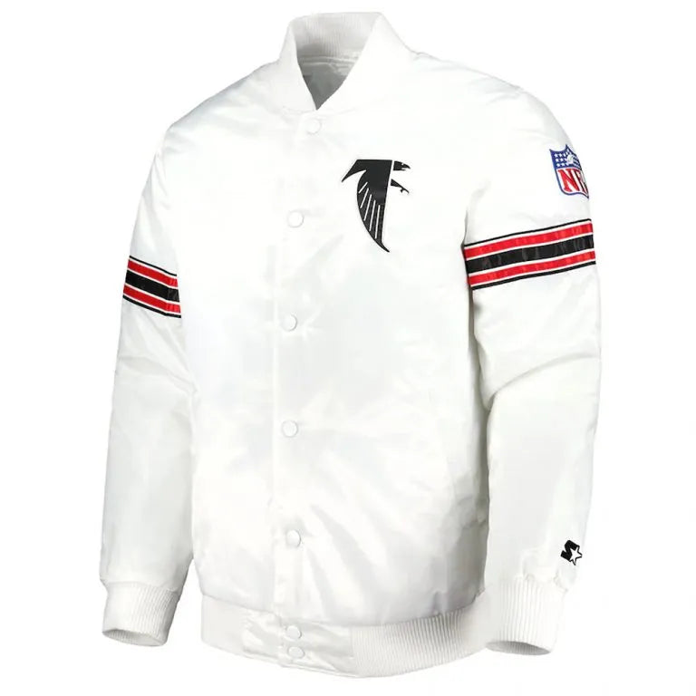 Atlanta Falcons The Power Forward Full-Snap Varsity White Satin Men's Bomber Jacket