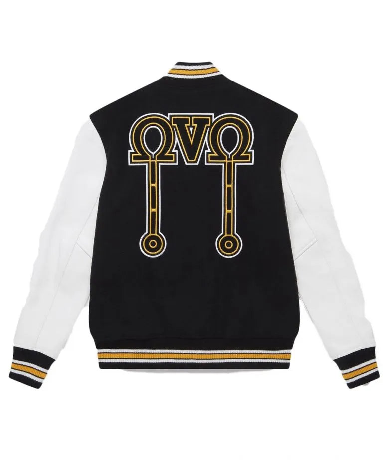 OVO Omega Varsity Black Wool & White Genuine Leather Sleeves Men's Letterman Jacket