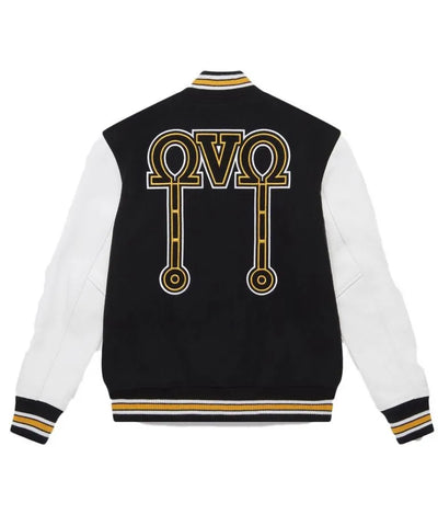 OVO Omega Varsity Black Wool & White Genuine Leather Sleeves Men's Letterman Jacket
