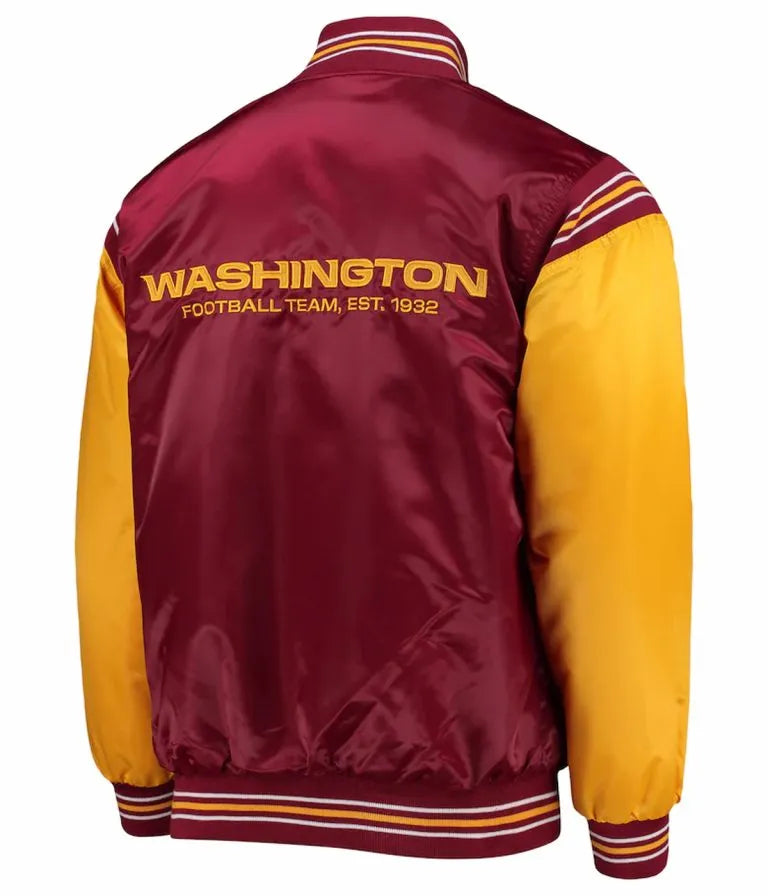 Washington Commanders Enforcer Full-Snap Varsity Burgundy/Gold Satin Men's Bomber Jacket