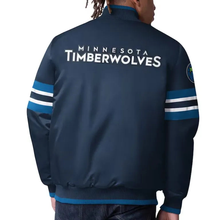 Minnesota Timberwolves Scout I Full-Snap Varsity Navy Blue Satin Men's Bomber Jacket