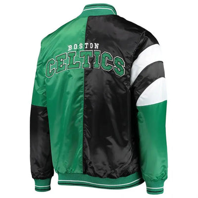 Boston Celtics Leader Full-Snap Varsity Kelly Green/Black Color Block Satin Men's Bomber Jacket