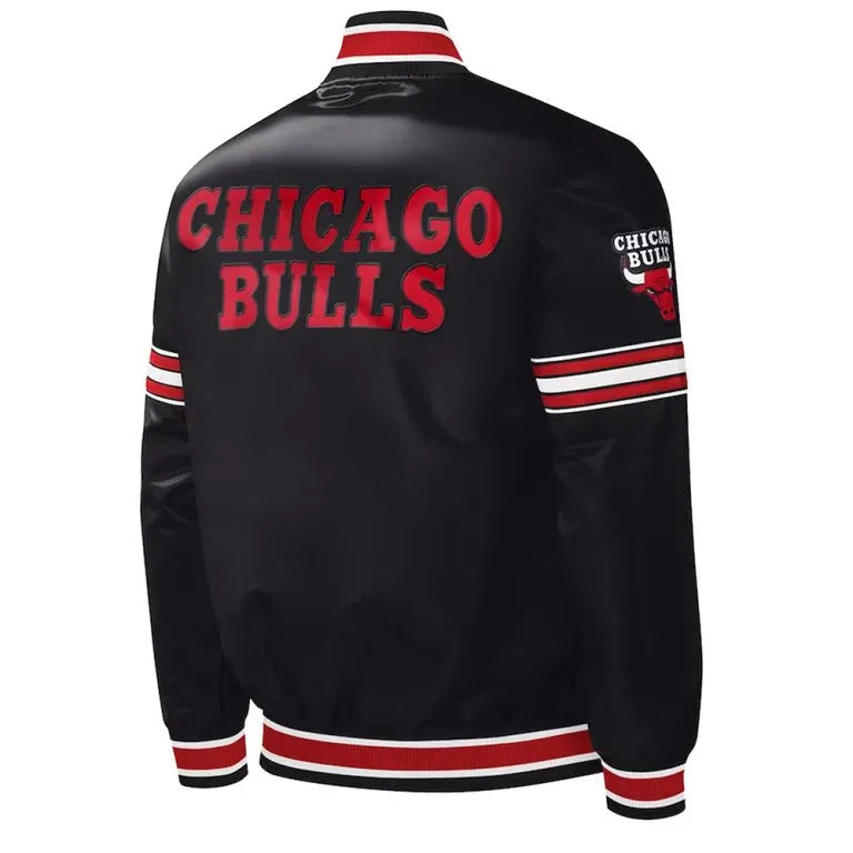 Chicago Bulls Slider Full-Snap Varsity Black Satin Men's Bomber Jacket