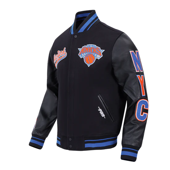New York Knicks Script Tail Varsity Black Wool & Genuine Leather Sleeves Men's Letterman Jacket