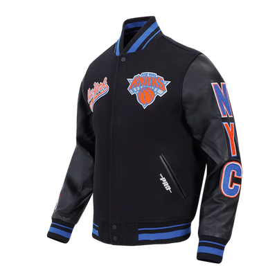 New York Knicks Script Tail Varsity Black Wool & Genuine Leather Sleeves Men's Letterman Jacket