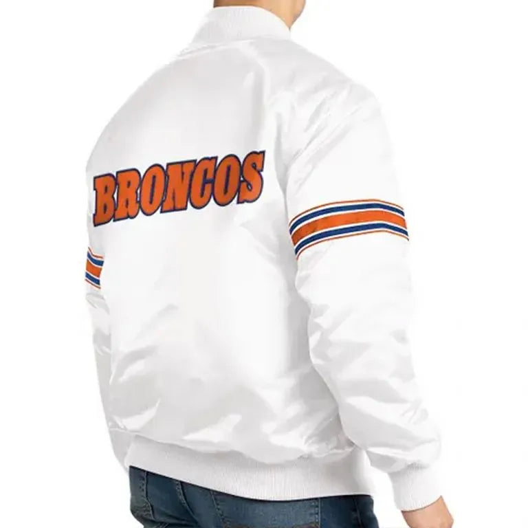 Denver Broncos The Power Forward Full-Snap Varsity White Satin Men's Bomber Jacket