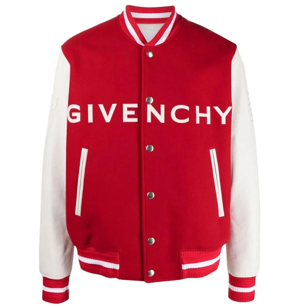 Givenchy Varsity Red Wool & White Genuine Leather Sleeves Men's Letterman Jacket