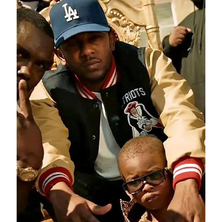 New England Patriots Kendrick Lamar Navy Blue Wool and Beige Genuine Leather Sleeves Men's Varsity Letterman Jacket