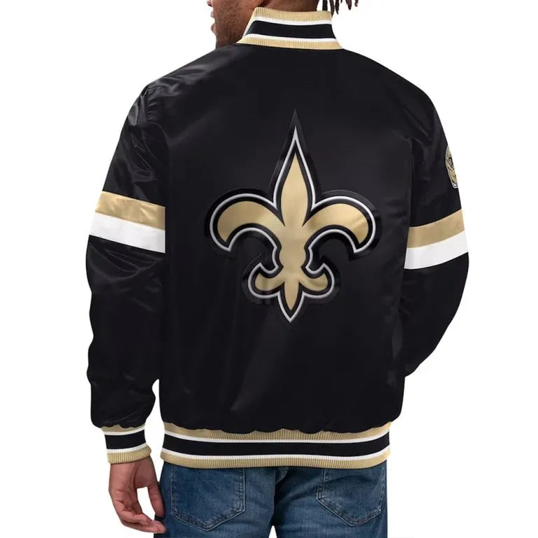 New Orleans Saints Home Game Full-Snap Varsity Black Satin Men's Bomber Jacket