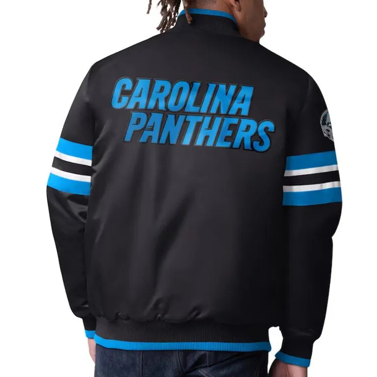 Carolina Panthers Scout I Full-Snap Varsity Black Satin Men's Bomber Jacket