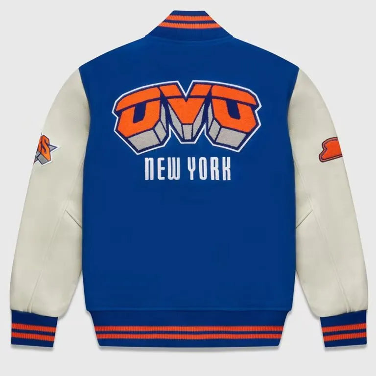 OVO New York Knicks Varsity Blue Wool & White Genuine Leather Sleeves Men's Letterman Jacket