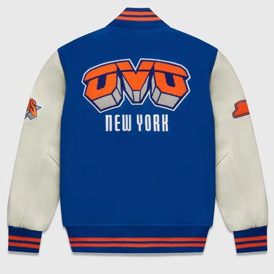 OVO New York Knicks Varsity Blue Wool & White Genuine Leather Sleeves Men's Letterman Jacket