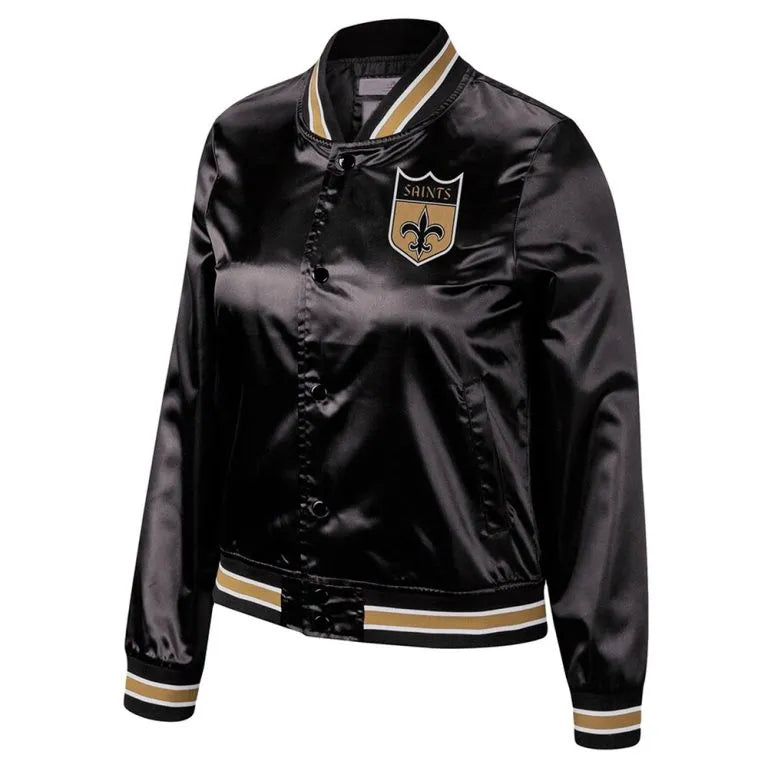 New Orleans Saints Lightweight Full-Snap Varsity Black Satin Men's Bomber Jacket