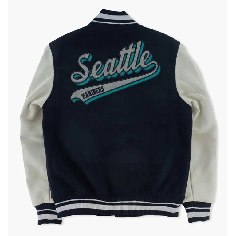 Seattle Mariners Script Tail Navy Blue Wool & White Leather Sleeves Varsity Men's Jacket
