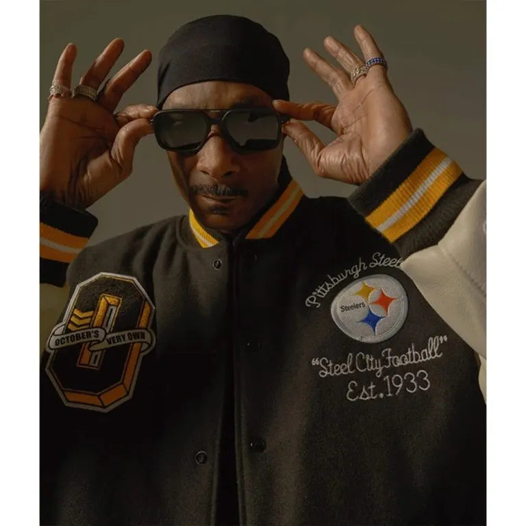 Pittsburgh Steelers Snoop Dogg OVO Black Wool & White Genuine Leather Sleeves Men's Varsity Letterman Jacket