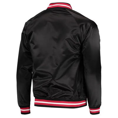 Portland Trail Blazers Throwback Wordmark Full-Snap Varsity Black Satin Men's Bomber Jacket
