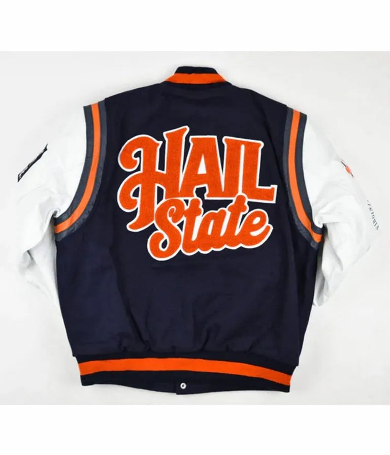 HBCU Virginia State University Motto 2.0 Orange Wool & White Genuine Leather Sleeves Men's Letterman Varsity Jacket