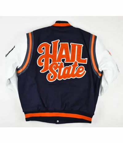 HBCU Virginia State University Motto 2.0 Orange Wool & White Genuine Leather Sleeves Men's Letterman Varsity Jacket