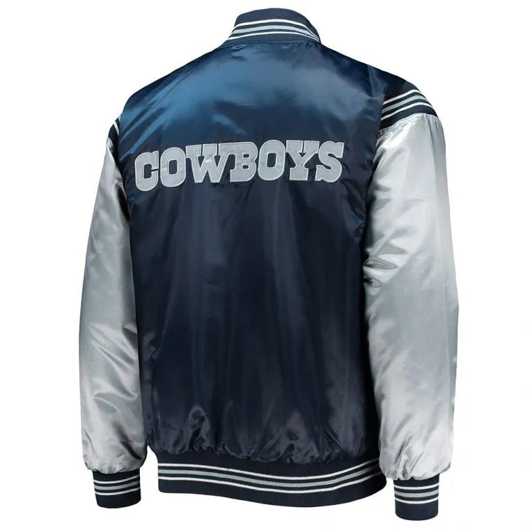 Dallas Cowboys Enforcer Full-Snap Varsity Navy/Silver Satin Men's Bomber Jacket