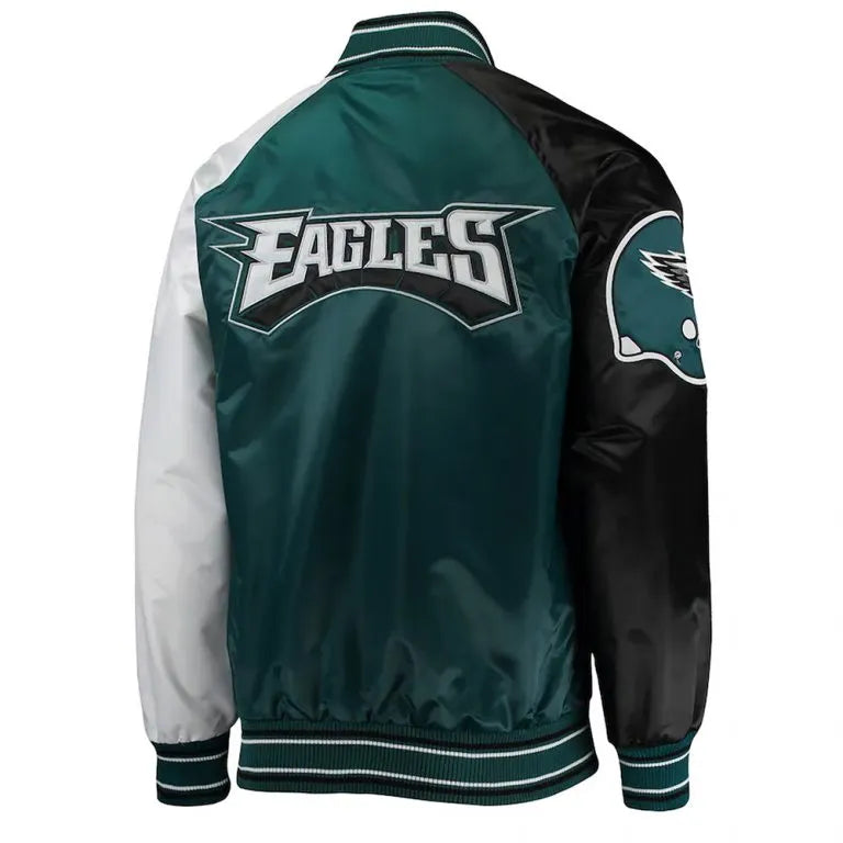 Philadelphia Eagles The Reliever Full-Snap Varsity Green Black & White Satin Men's Bomber Jacket
