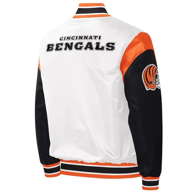 Cincinnati Bengals Throwback Warm Up Pitch Full-Snap Varsity Black & White Satin Men's Bomber Jacket