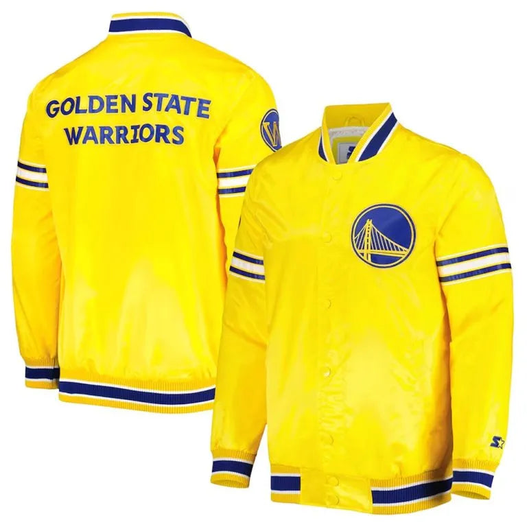 Golden State Warriors Slider Full-Snap Varsity Yellow Satin Men's Bomber Jacket
