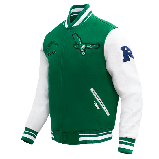 Philadelphia Eagles Mash Up Retro Classic Green Wool & White Genuine Leather Sleeves Men's Varsity Letterman Jacket