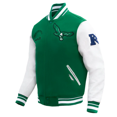 Philadelphia Eagles Mash Up Retro Classic Green Wool & White Genuine Leather Sleeves Men's Varsity Letterman Jacket