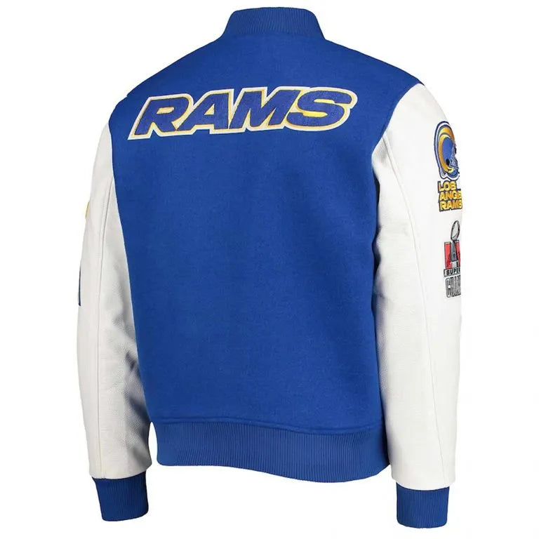 Los Angeles Rams Logo Royal Blue Wool and White Genuine Leather Sleeves Men's Varsity Letterman Jacket