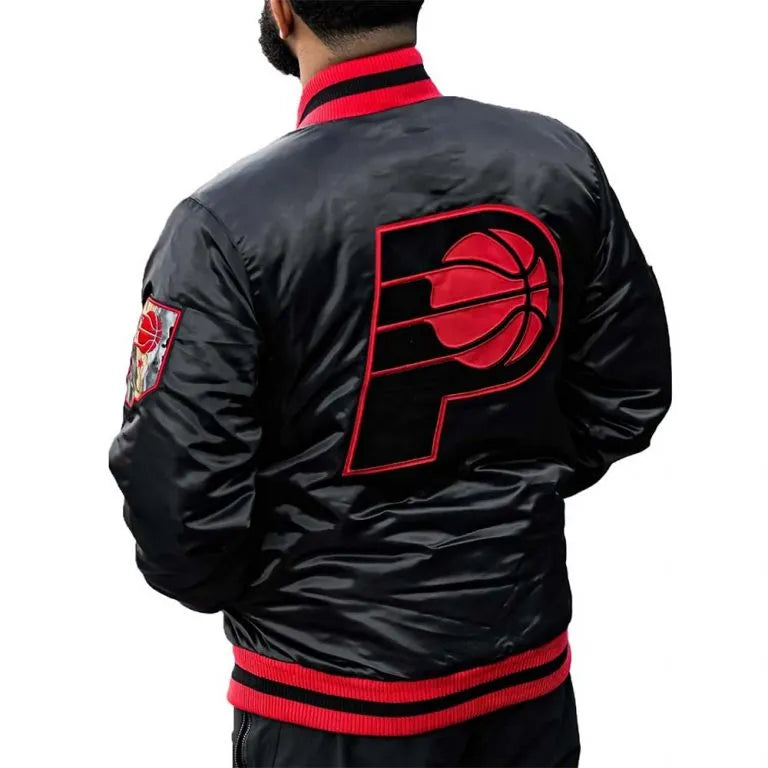 Indiana Pacers Full-Snap Varsity Black and Red Satin Men's Bomber Jacket
