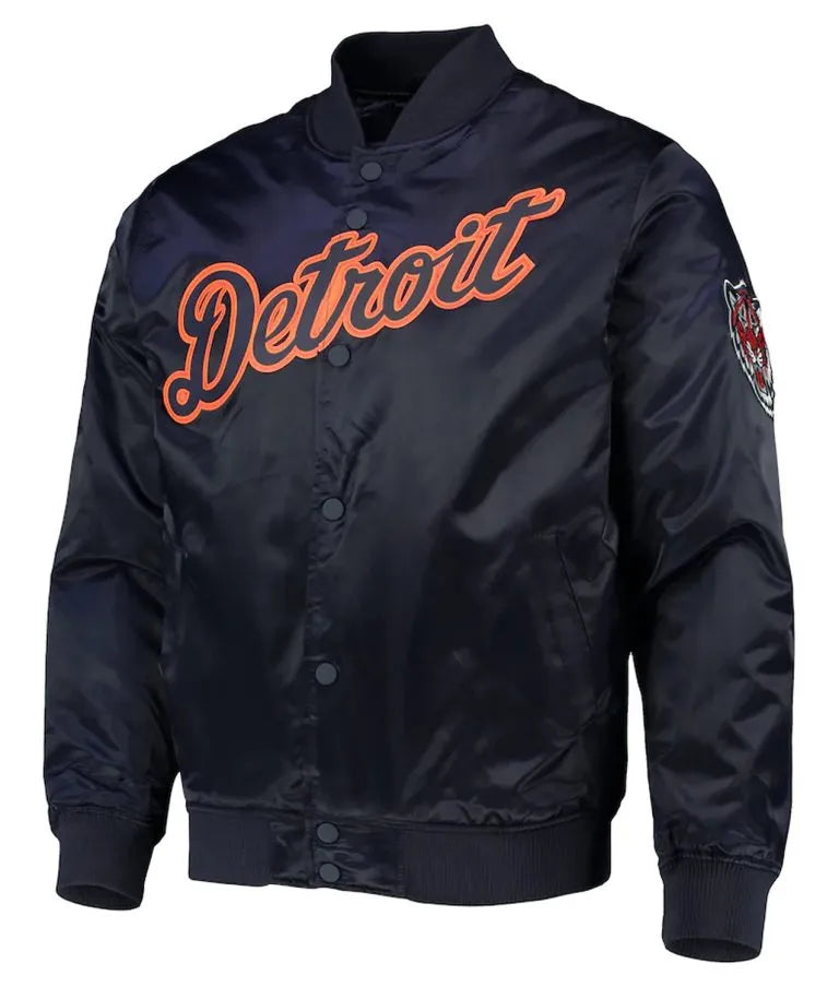 Detroit Tigers Wordmark Navy Blue Satin Full-Snap Bomber Men's Jacket