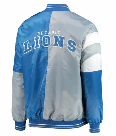 Detroit Lions Leader Full-Snap Varsity Blue and Grey Satin Men's Bomber Jacket