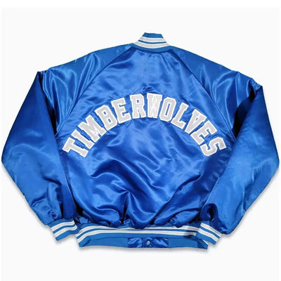 80’s Minnesota Timberwolves Full-Snap Varsity Blue Satin Men's Bomber Jacket