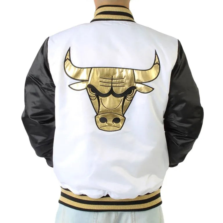 Chicago Bulls Full-Snap Varsity Black and White Satin Men's Bomber Jacket