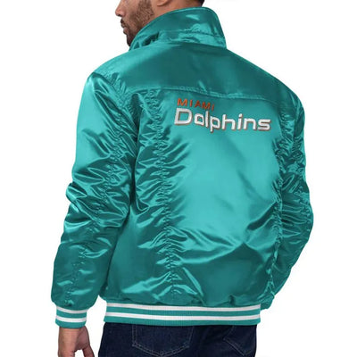 Miami Dolphins Silver Tab Trucker Full-Snap Varsity Aqua Satin Men's Bomber Jacket