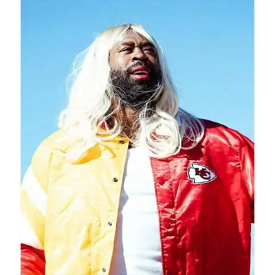 Kansas City Chiefs Deandre Jordan Full-Snap Varsity Red and Yellow Satin Men's Bomber Jacket