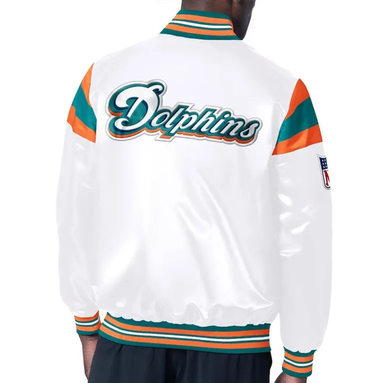 Miami Dolphins Midweight Full-Snap Varsity White Satin Men's Bomber Jacket