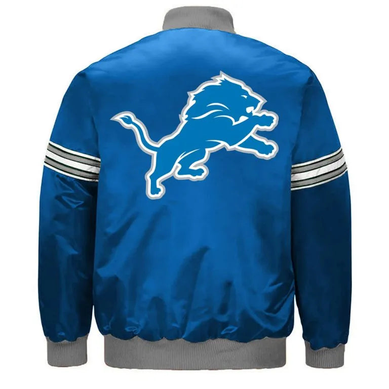 Detroit Lions Striped Full-Snap Varsity Blue Satin Men's Bomber Jacket