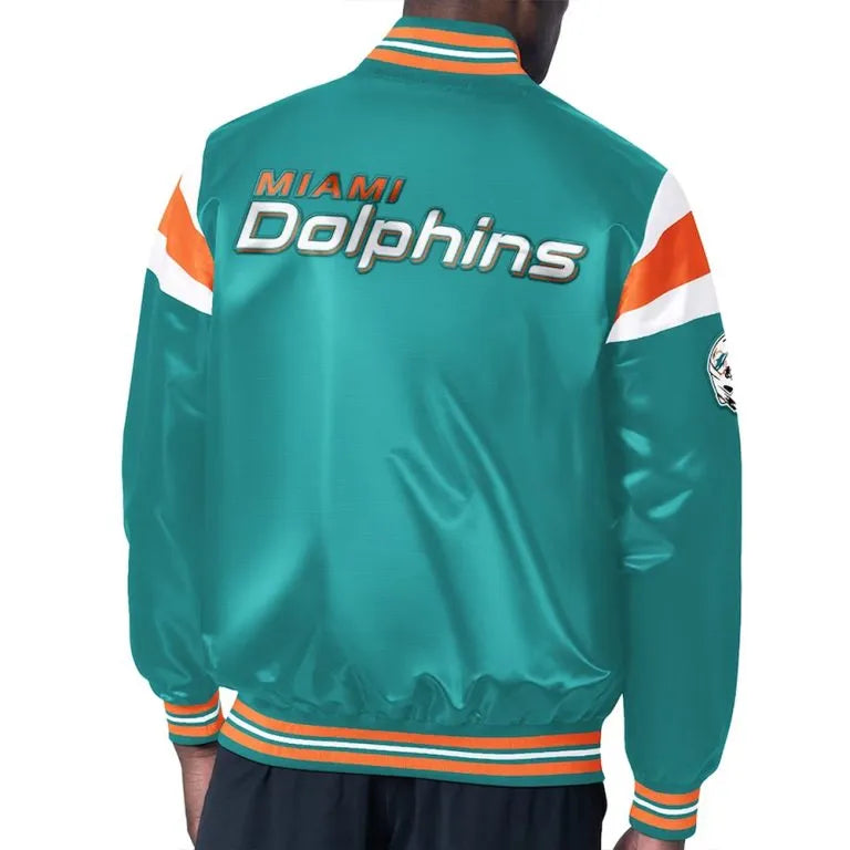 Miami Dolphins Midweight Full-Snap Varsity Aqua Satin Men's Bomber Jacket