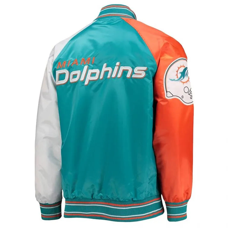 Miami Dolphins The Reliever Full-Snap Varsity Tri Color Satin Men's Bomber Jacket