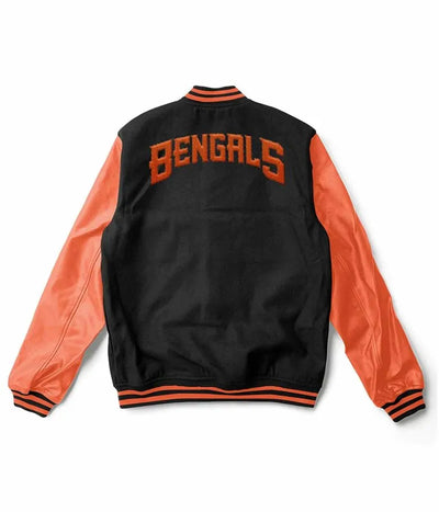 Cincinnati Bengals Black Wool & Orange Genuine Leather Sleeves Men's Varsity Jacket