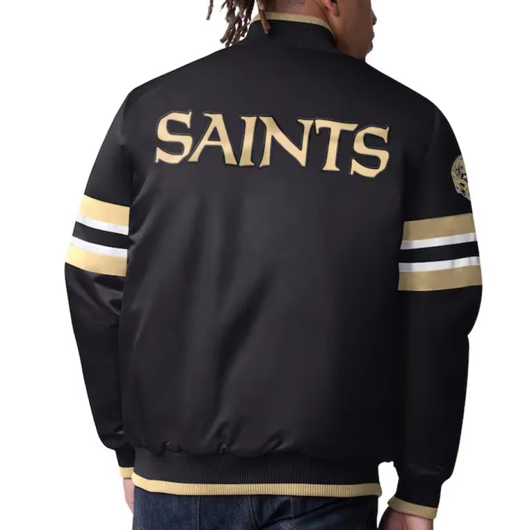 New Orleans Saints Scout I Full-Snap Varsity Black Satin Men's Bomber Jacket