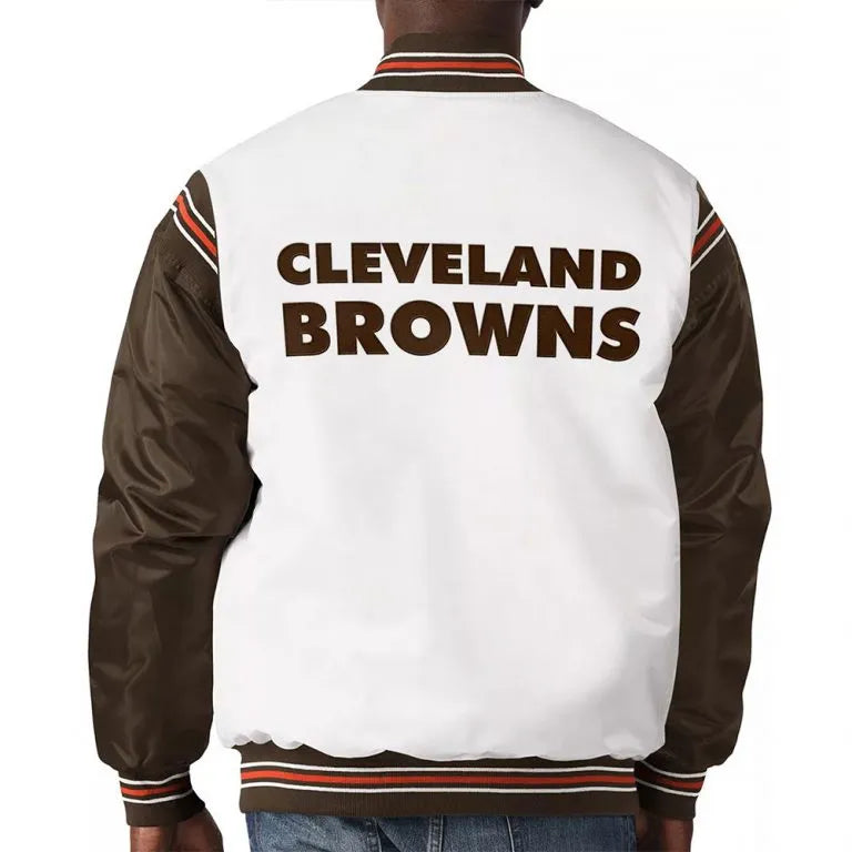 Cleveland Browns Historic Renegade Full-Snap Varsity White/Brown Satin Men's Bomber Jacket